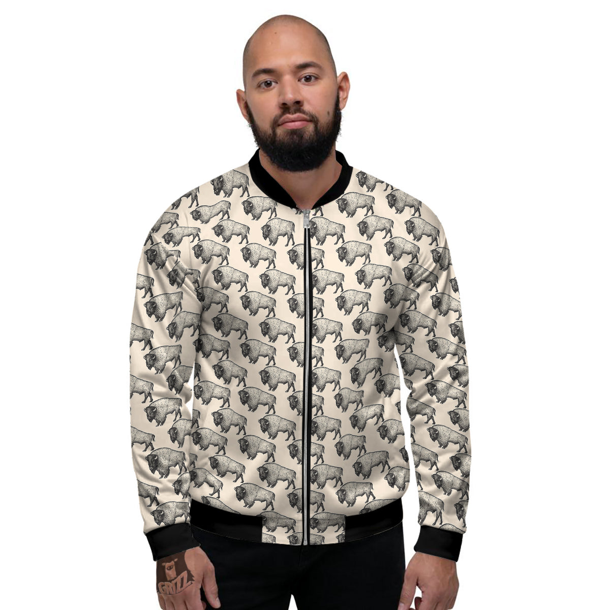 Bison Beige Print Pattern Men's Bomber Jacket-grizzshop