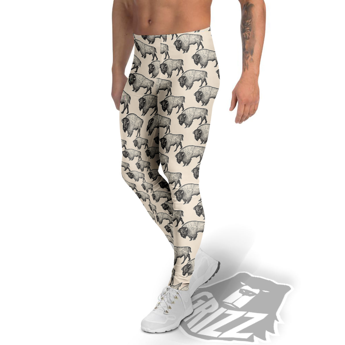 Bison Beige Print Pattern Men's Leggings-grizzshop