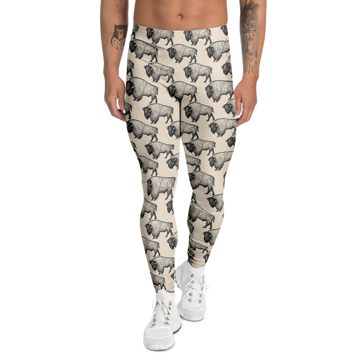 Bison Beige Print Pattern Men's Leggings-grizzshop