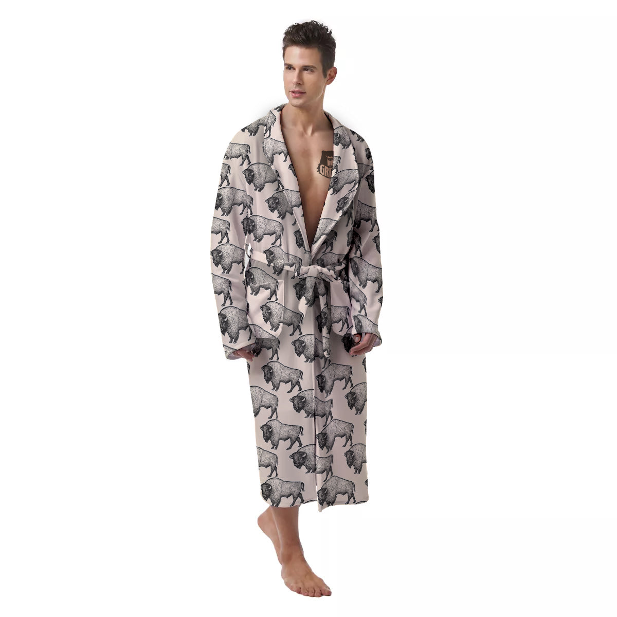 Bison Beige Print Pattern Men's Robe-grizzshop