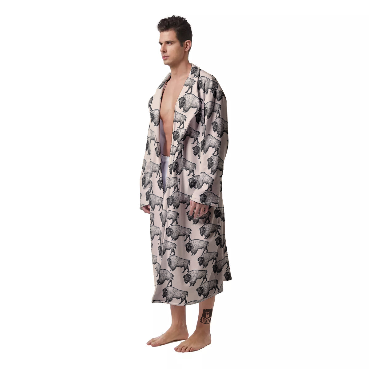 Bison Beige Print Pattern Men's Robe-grizzshop