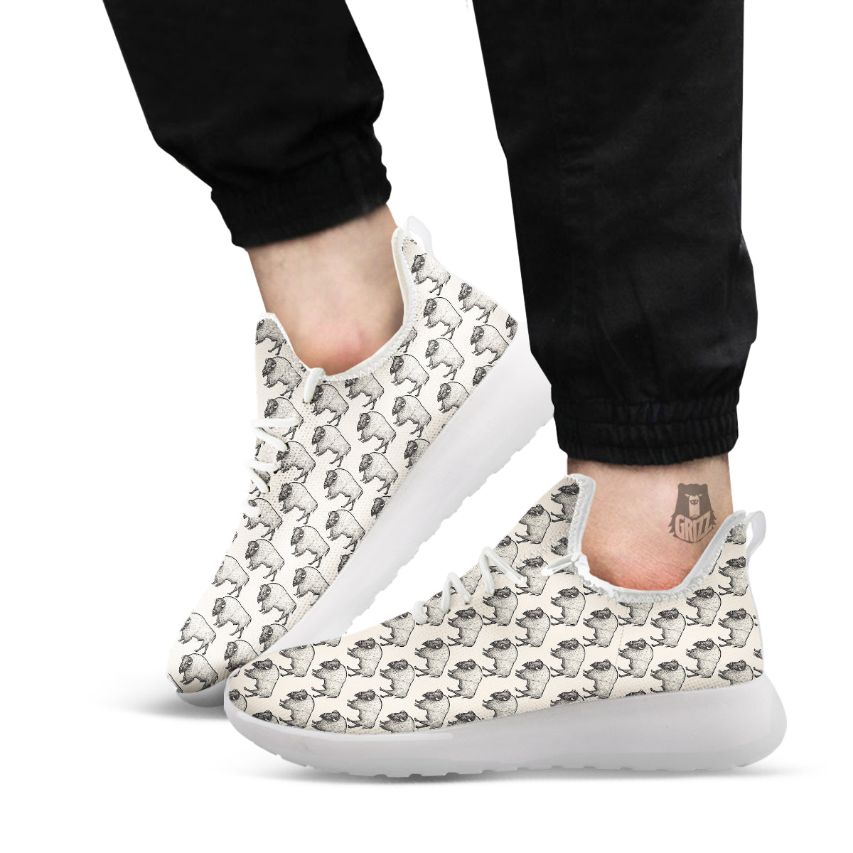 Bison Beige Print Pattern White Athletic Shoes-grizzshop