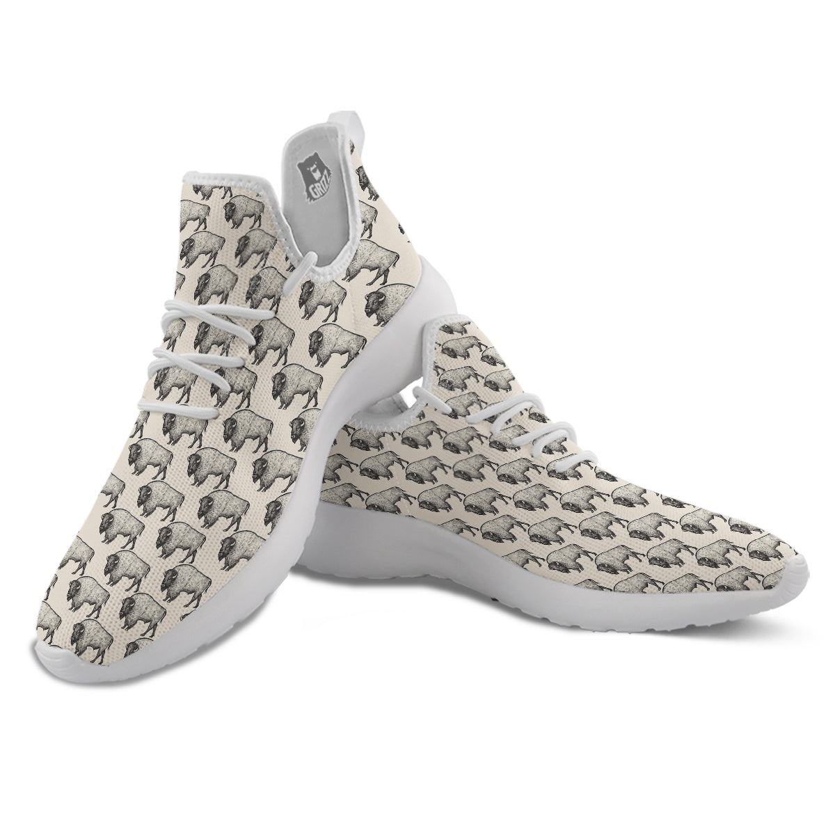 Bison Beige Print Pattern White Athletic Shoes-grizzshop
