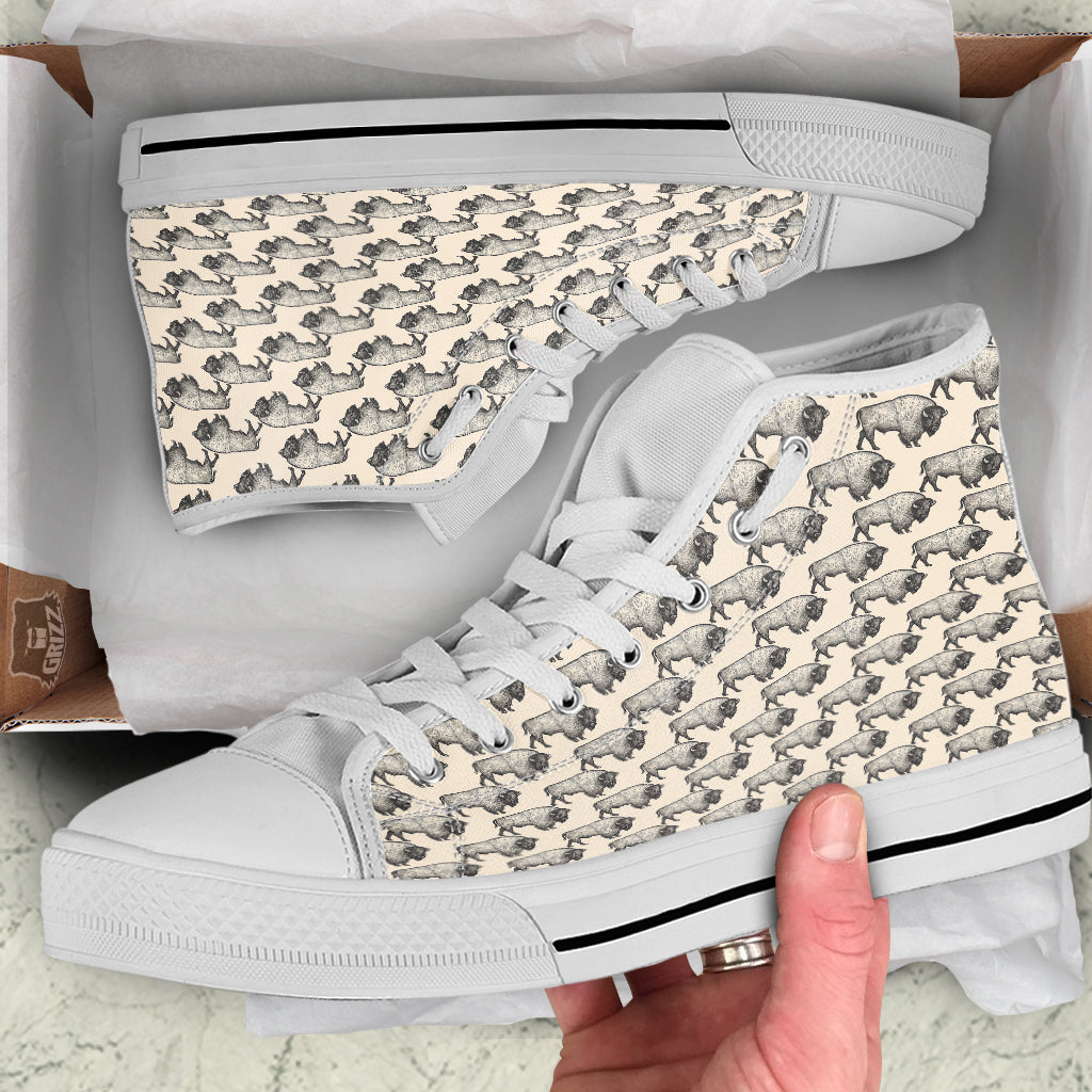 Bison Beige Print Pattern White High Top Shoes-grizzshop