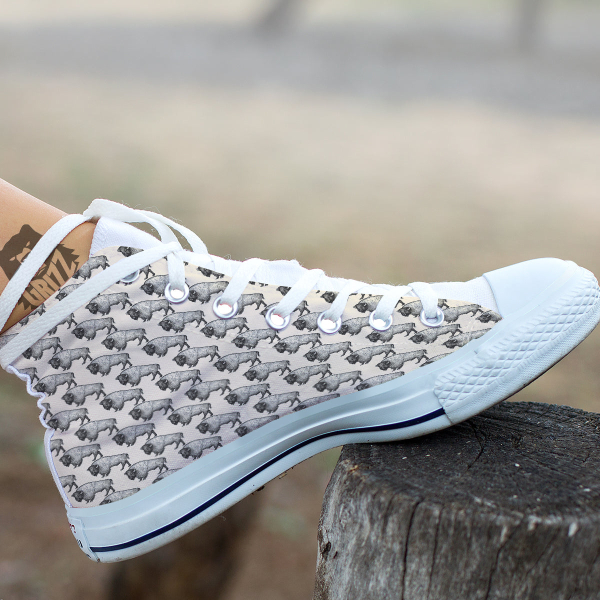 Bison Beige Print Pattern White High Top Shoes-grizzshop