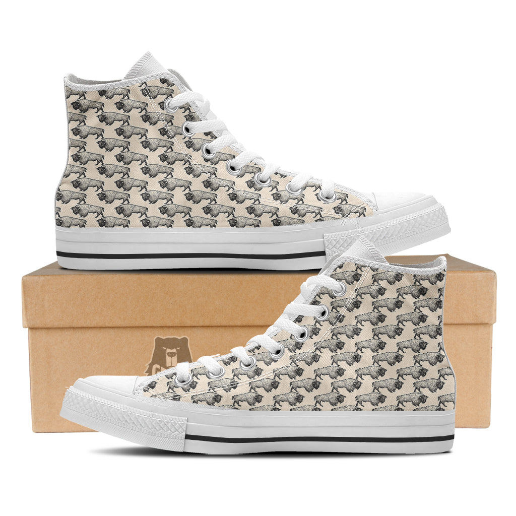 Bison Beige Print Pattern White High Top Shoes-grizzshop