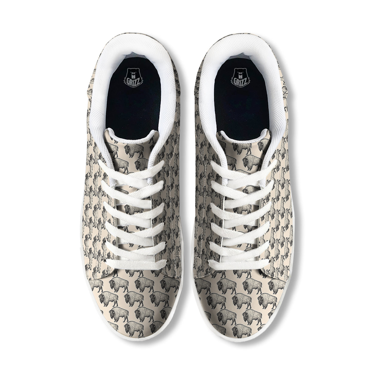 Bison Beige Print Pattern White Low Top Sneakers-grizzshop