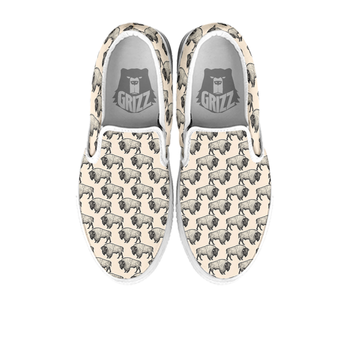 Bison Beige Print Pattern White Slip On Shoes-grizzshop