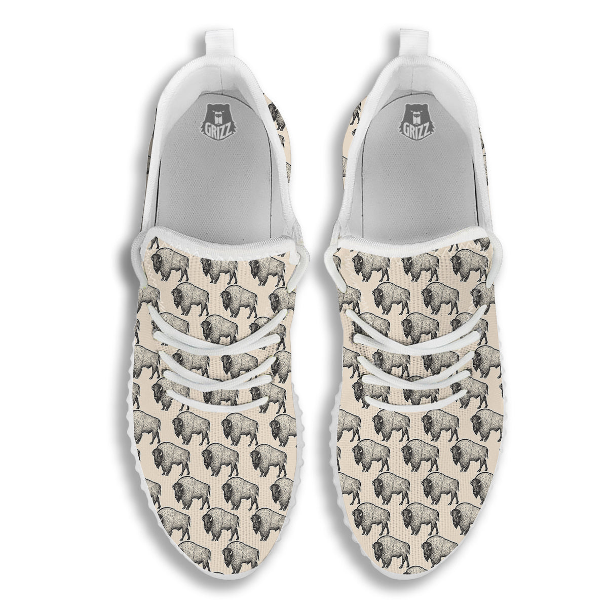 Bison Beige Print Pattern White Walking Shoes-grizzshop