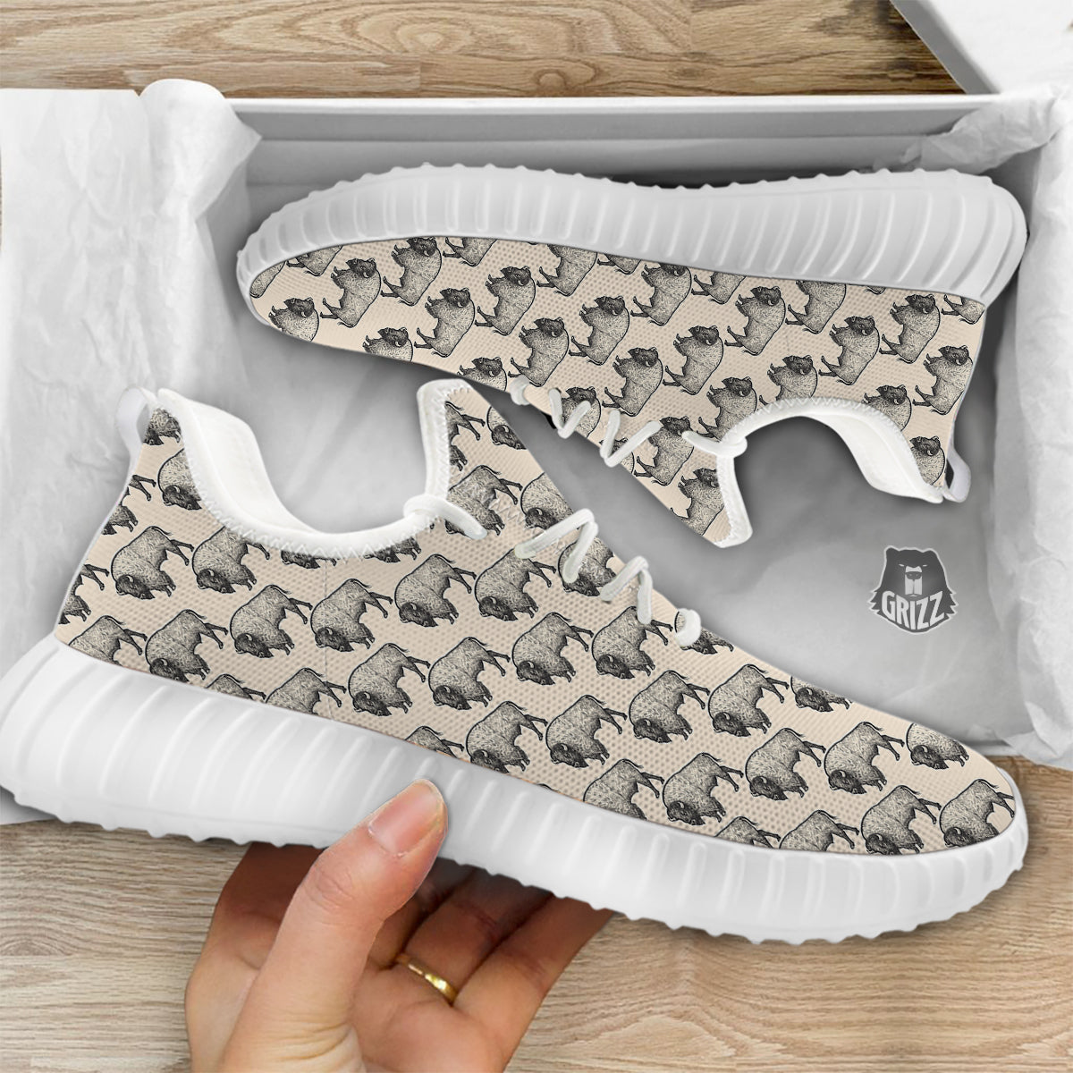 Bison Beige Print Pattern White Walking Shoes-grizzshop