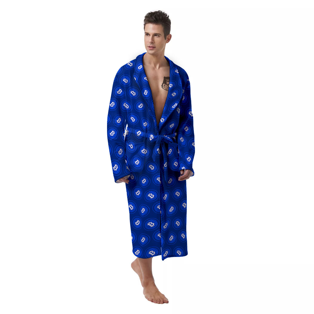 Bitcoin Blue Print Pattern Men's Robe-grizzshop