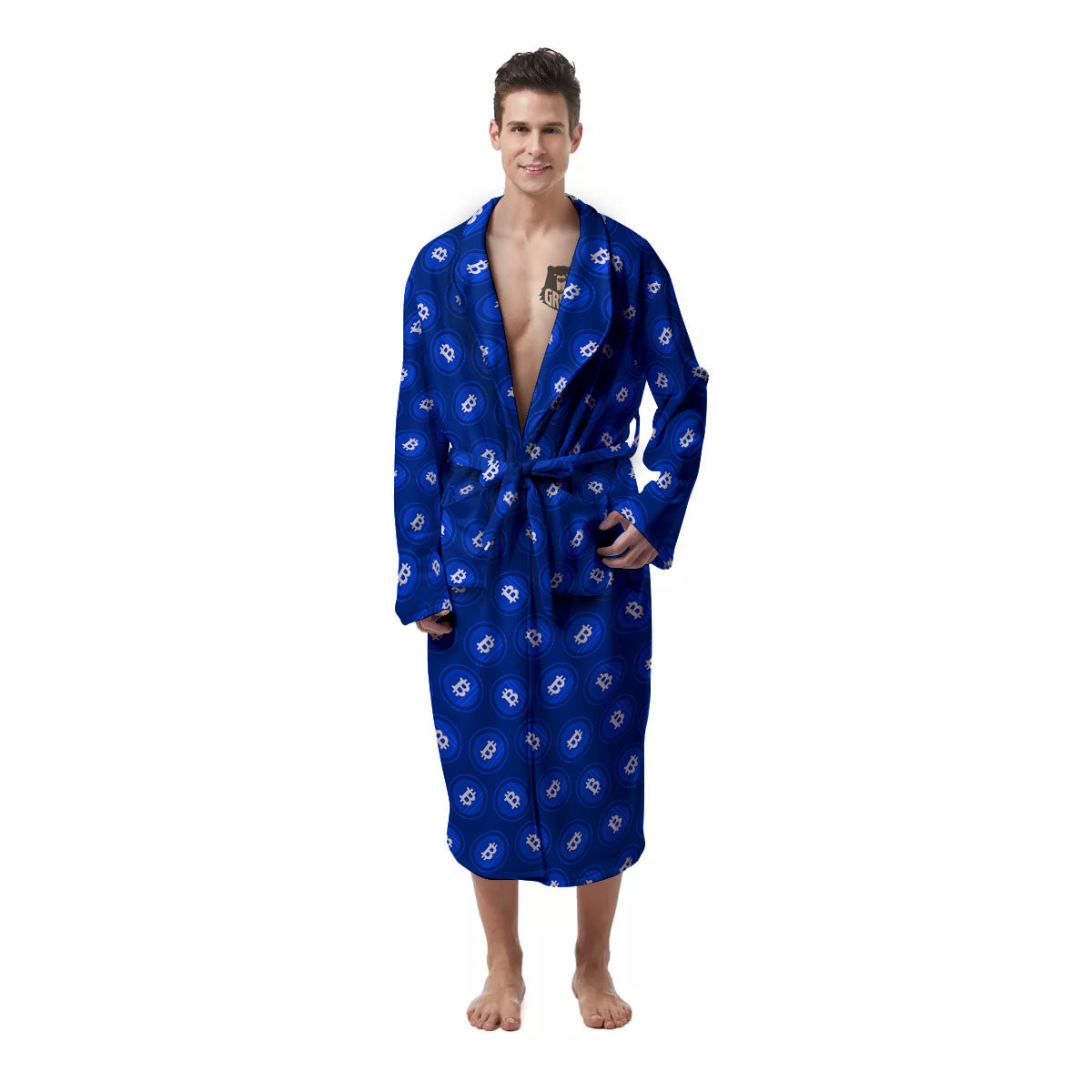 Bitcoin Blue Print Pattern Men's Robe-grizzshop