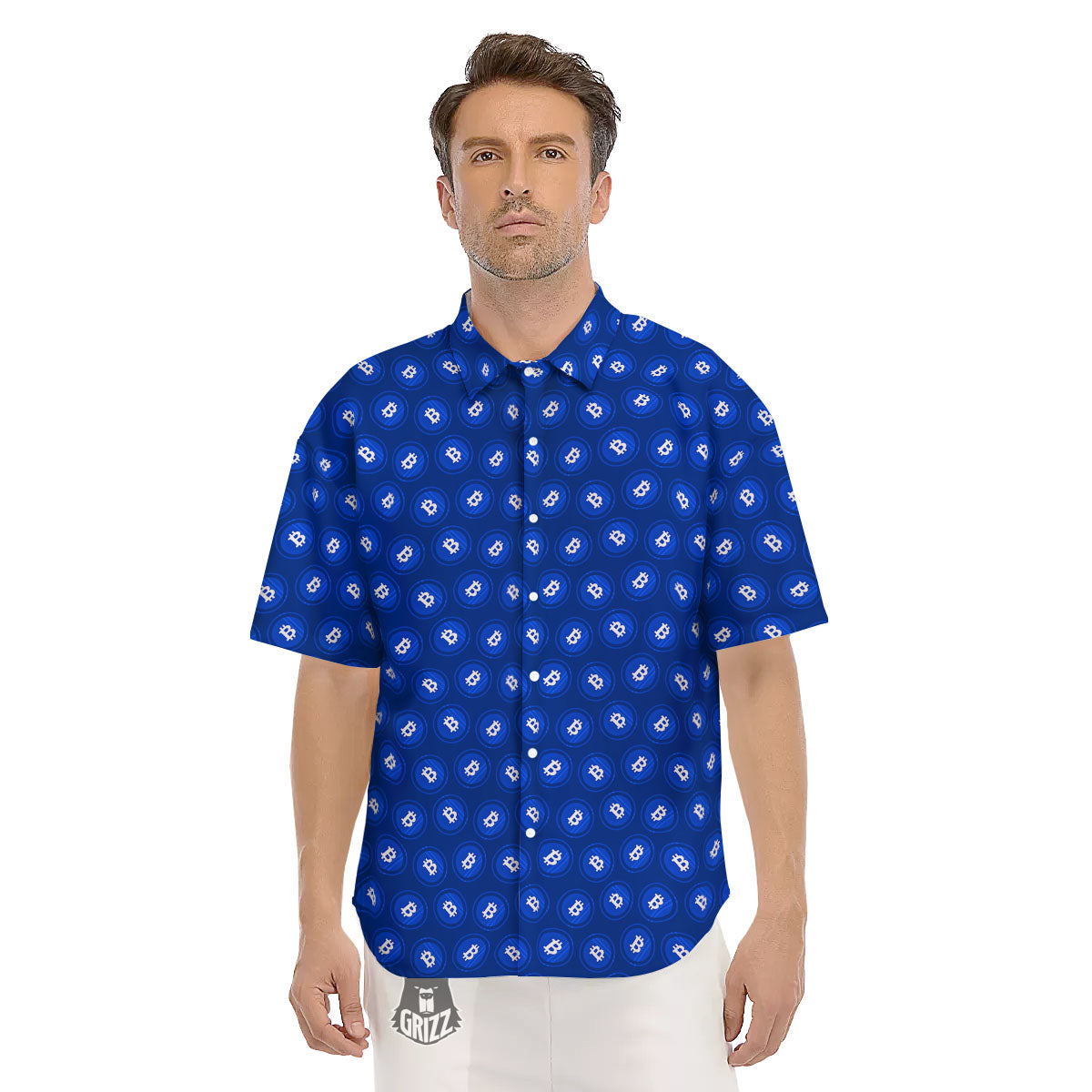 Bitcoin Blue Print Pattern Men's Short Sleeve Shirts-grizzshop