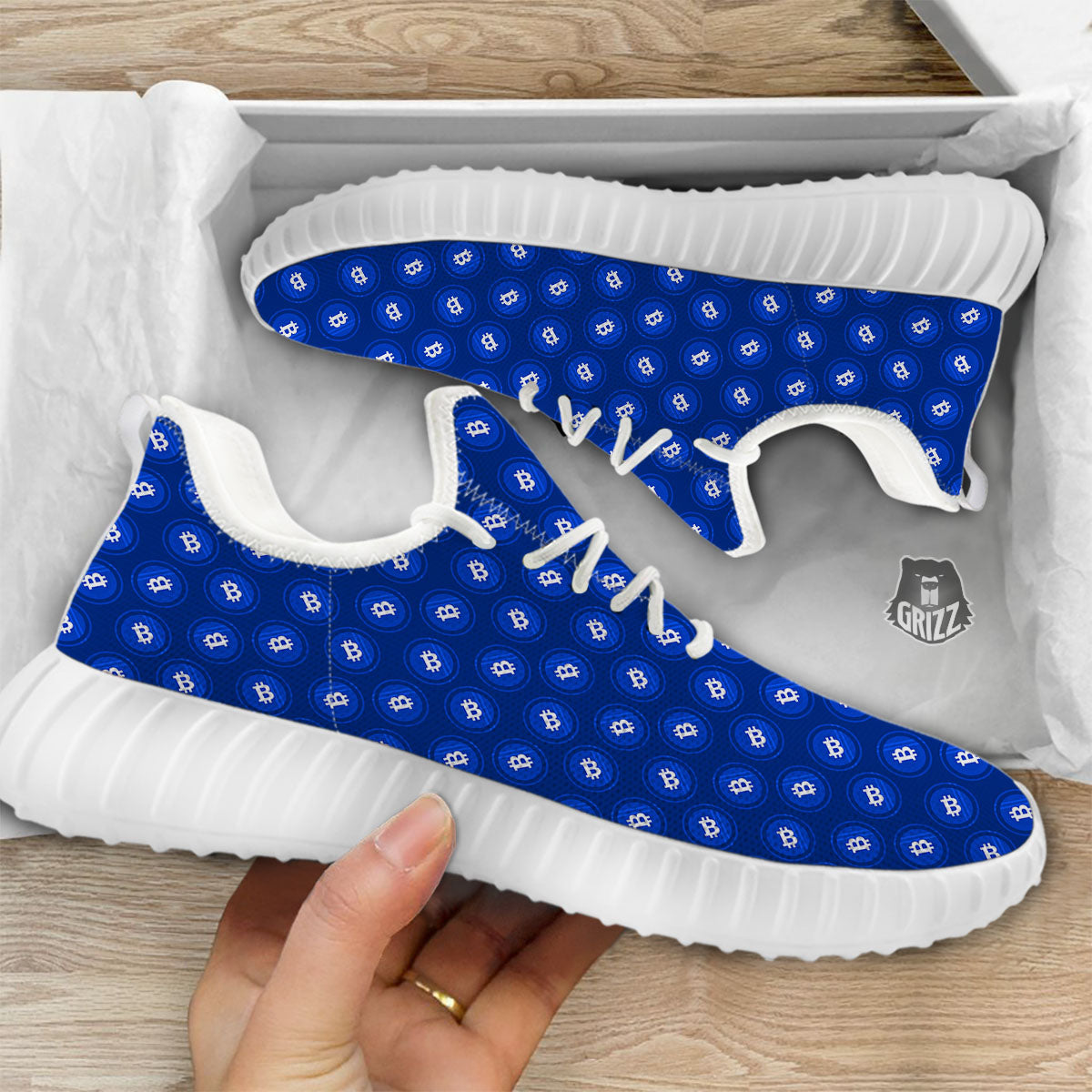 Bitcoin Blue Print Pattern White Walking Shoes-grizzshop