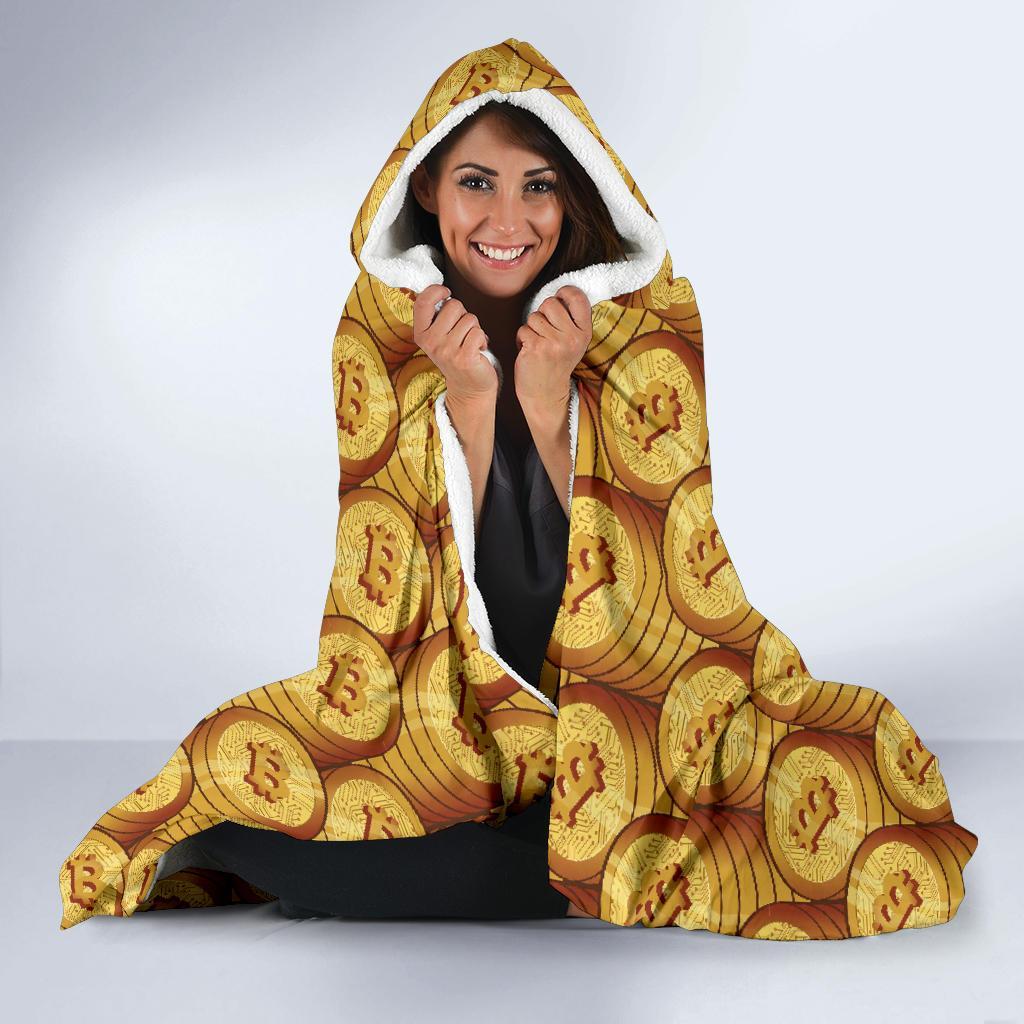 Bitcoin Cryptocurrency Pattern Print Hooded Blanket-grizzshop