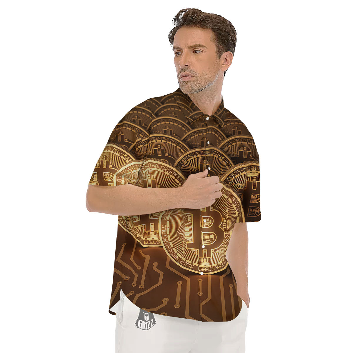 Bitcoin Symbol Gold Print Men's Short Sleeve Shirts-grizzshop