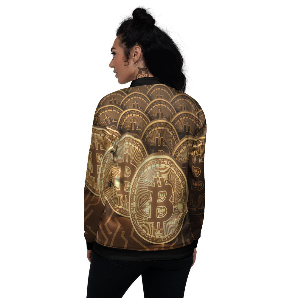 Bitcoin Symbol Gold Print Women's Bomber Jacket-grizzshop