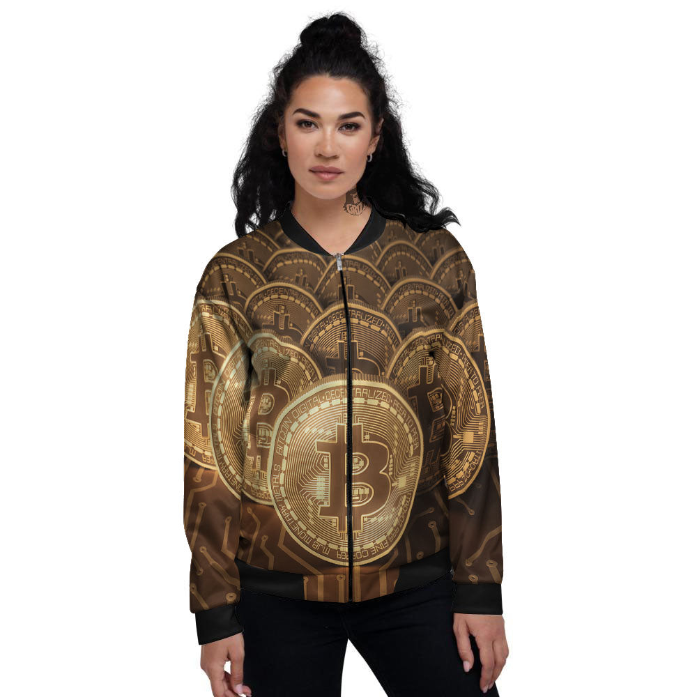 Bitcoin Symbol Gold Print Women's Bomber Jacket-grizzshop
