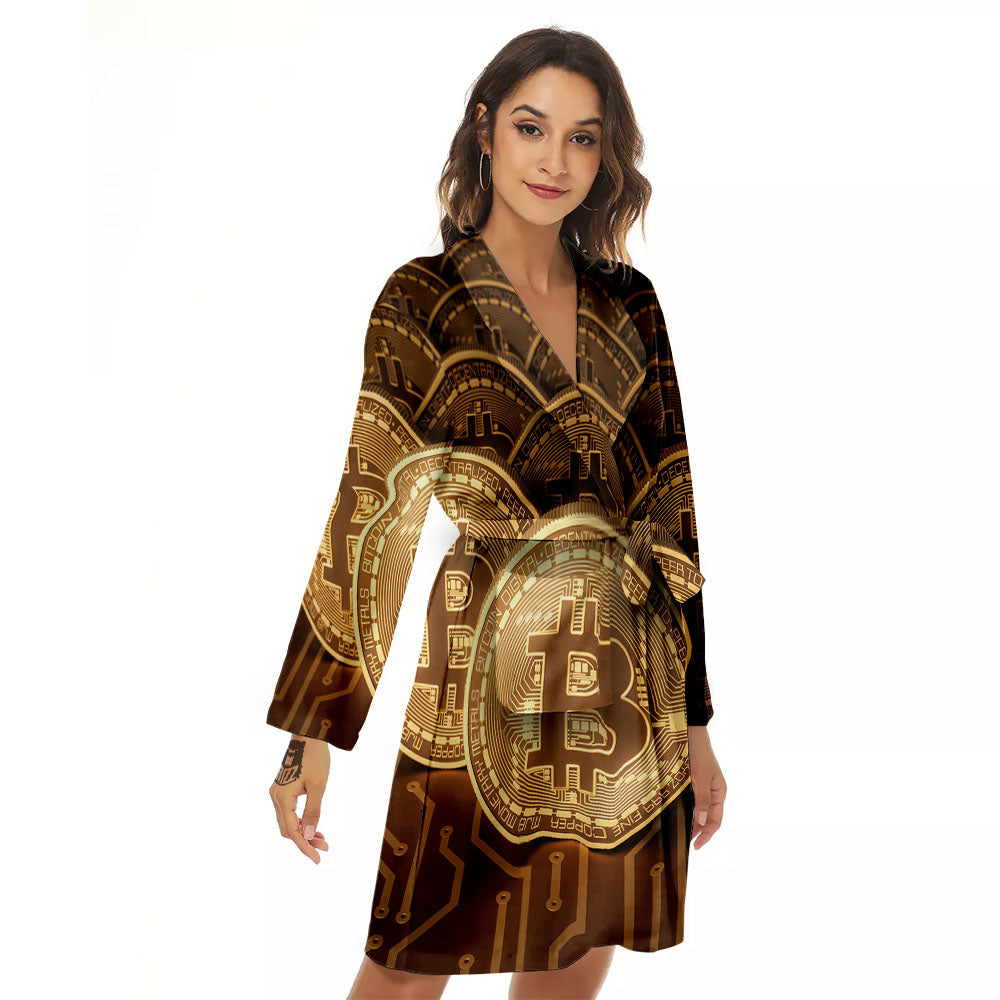 Bitcoin Symbol Gold Print Women's Robe-grizzshop