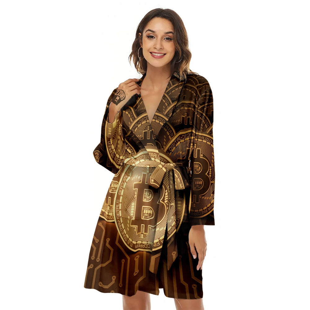 Bitcoin Symbol Gold Print Women's Robe-grizzshop