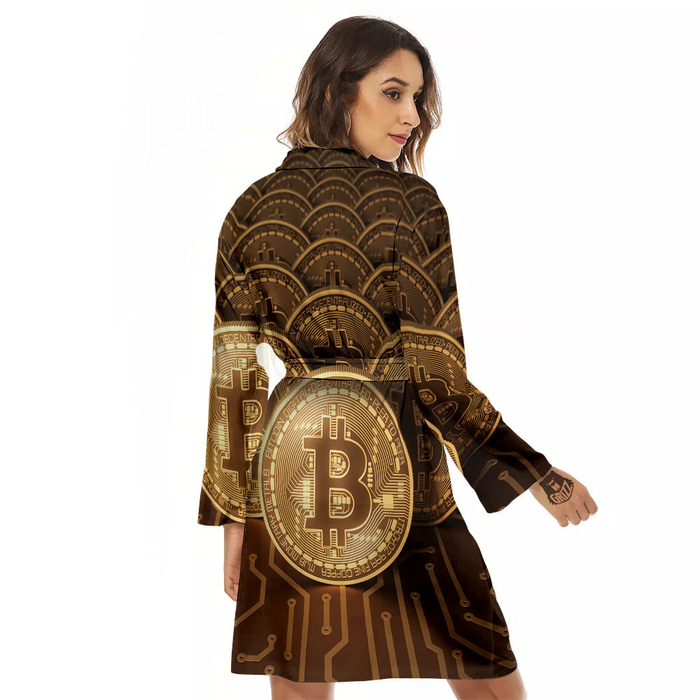 Bitcoin Symbol Gold Print Women's Robe-grizzshop