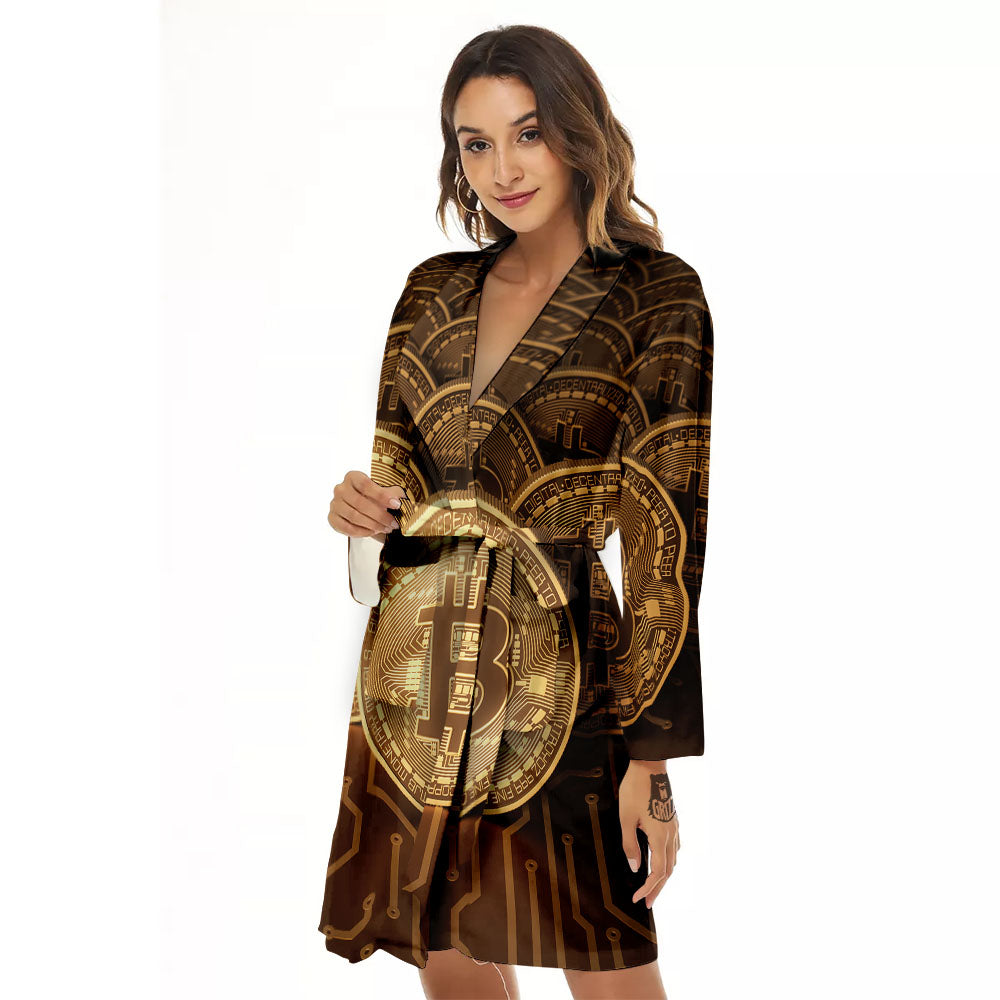Bitcoin Symbol Gold Print Women's Robe-grizzshop