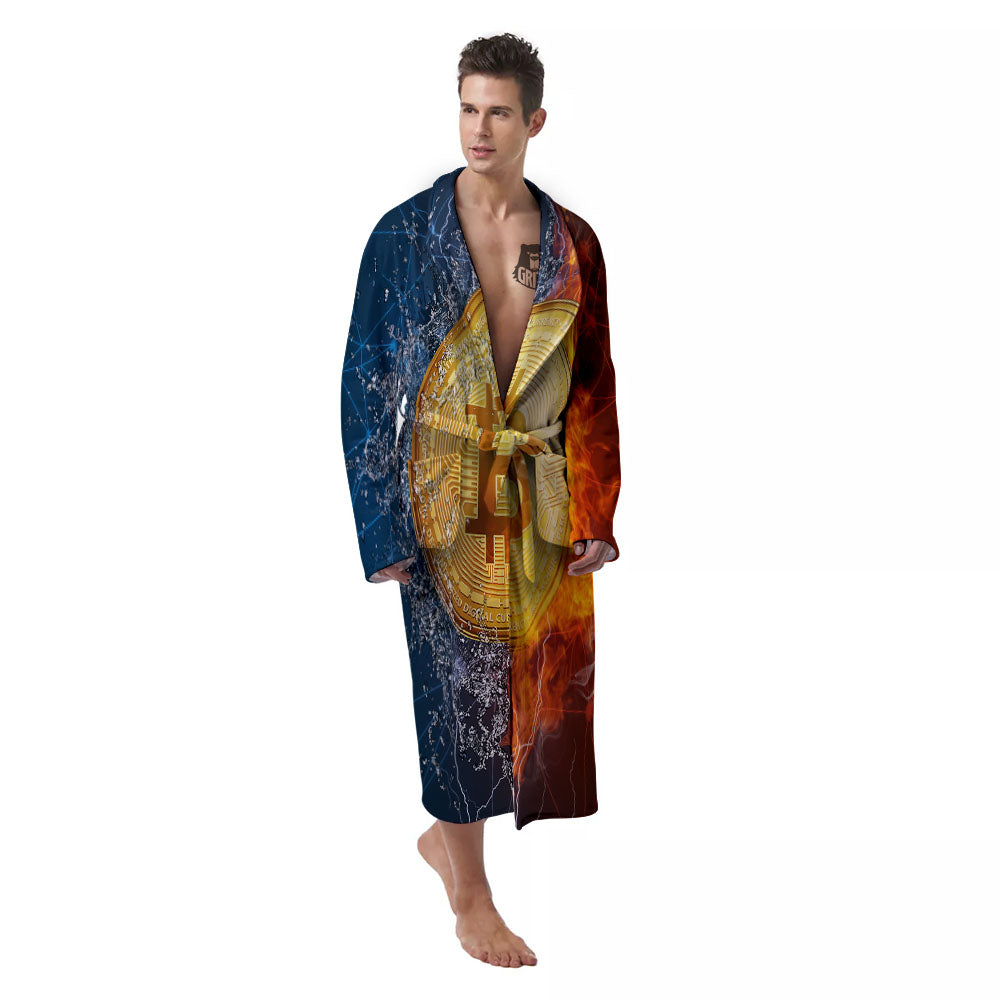 Bitcoin Water And Fire Print Men's Robe-grizzshop
