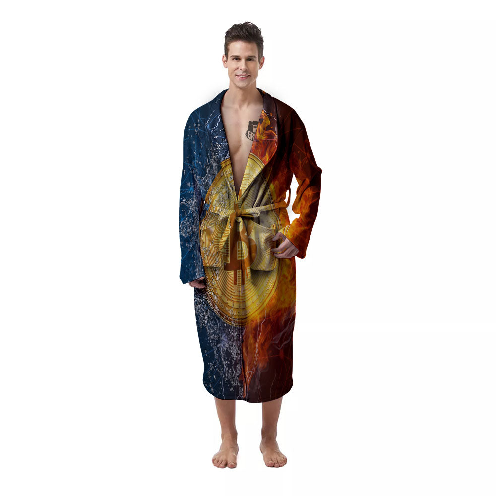 Bitcoin Water And Fire Print Men's Robe-grizzshop