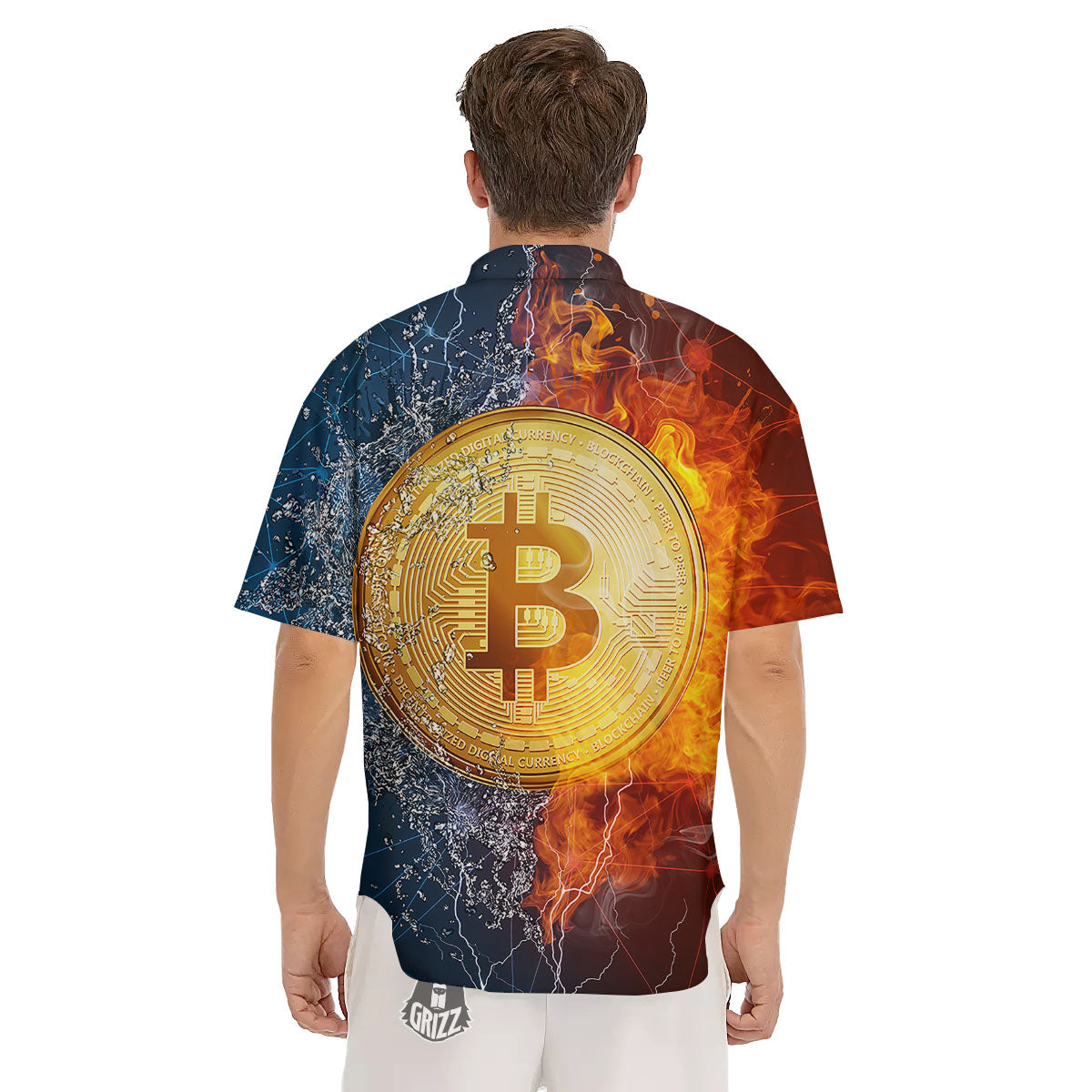 Bitcoin Water And Fire Print Men's Short Sleeve Shirts-grizzshop