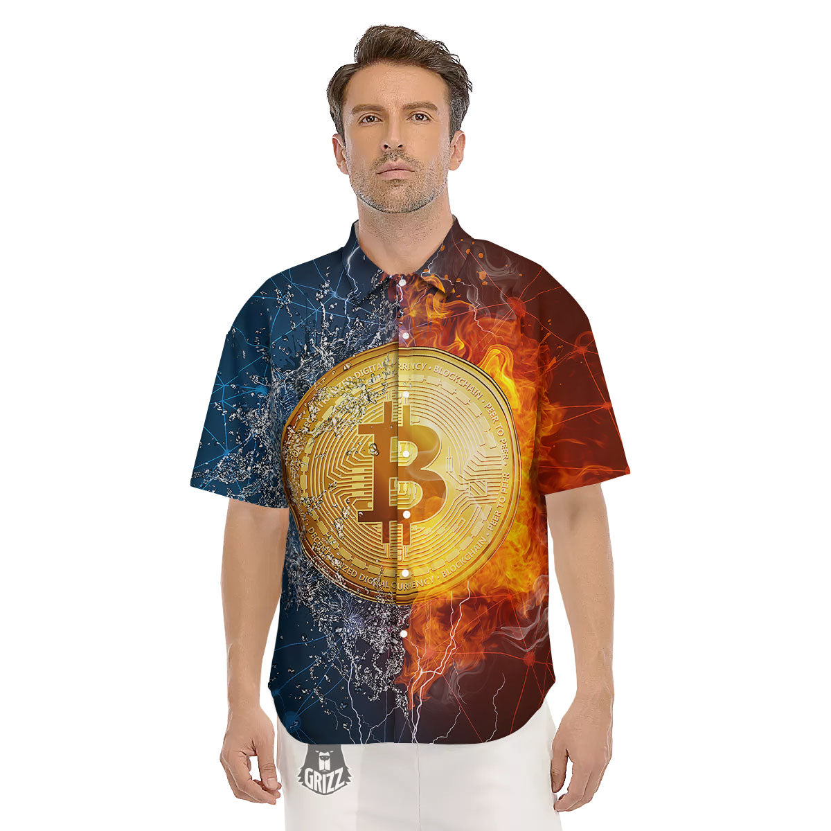 Bitcoin Water And Fire Print Men's Short Sleeve Shirts-grizzshop