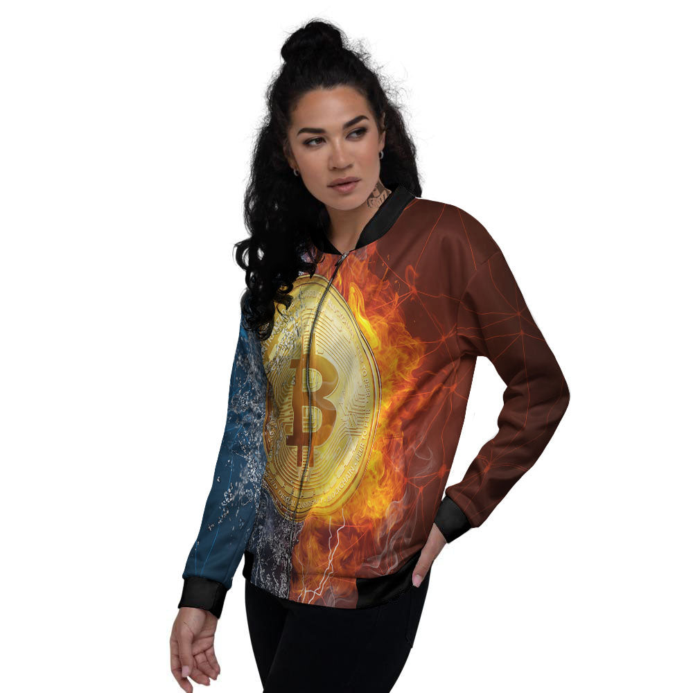 Bitcoin Water And Fire Print Women's Bomber Jacket-grizzshop