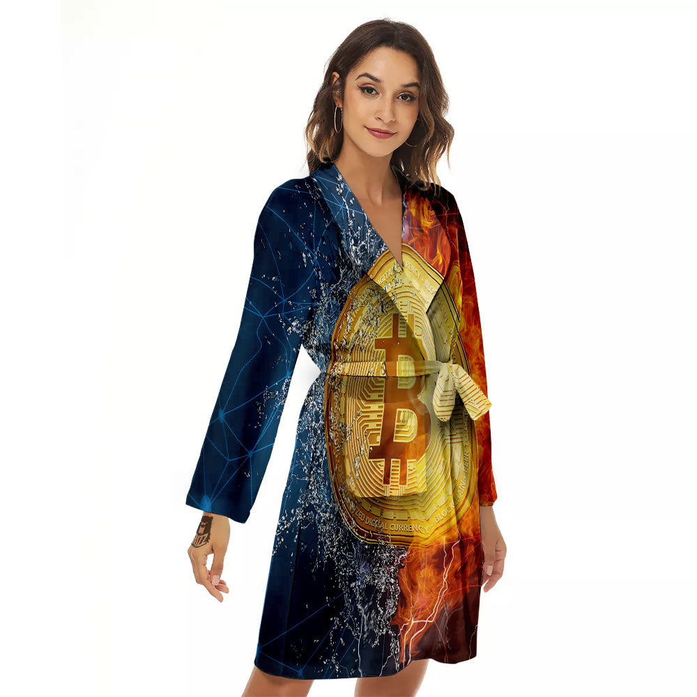 Bitcoin Water And Fire Print Women's Robe-grizzshop