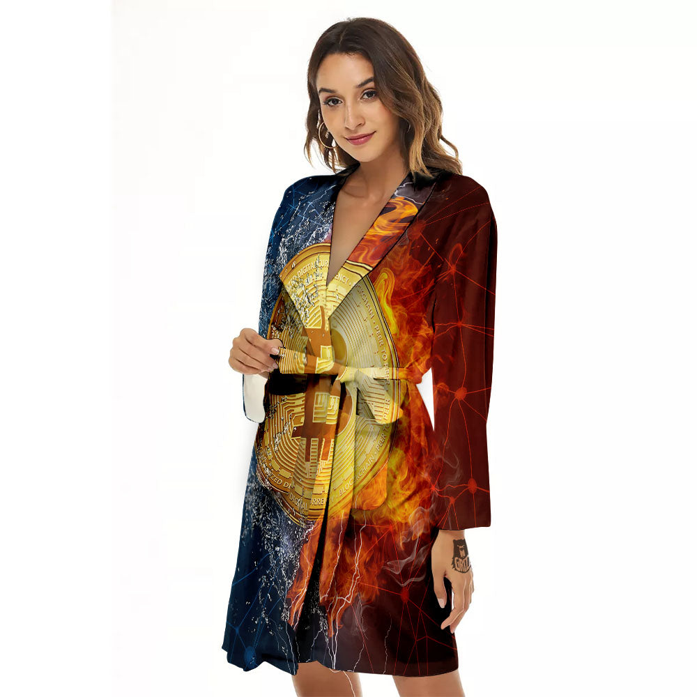 Bitcoin Water And Fire Print Women's Robe-grizzshop