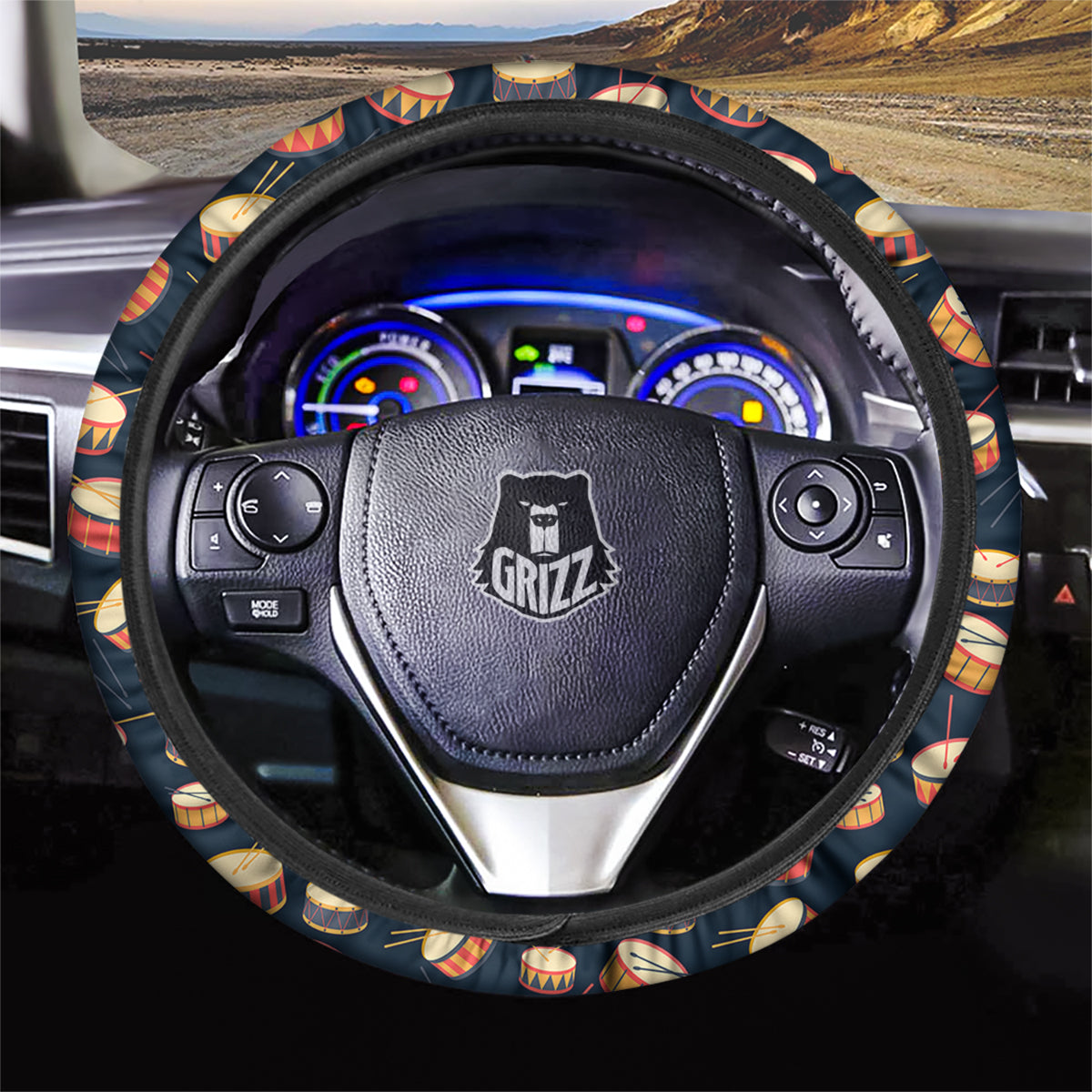 Black And Beige Drum Print Pattern Car Steering Wheel Cover-grizzshop