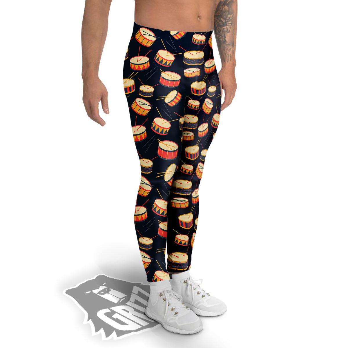 Black And Beige Drum Print Pattern Men's Leggings-grizzshop