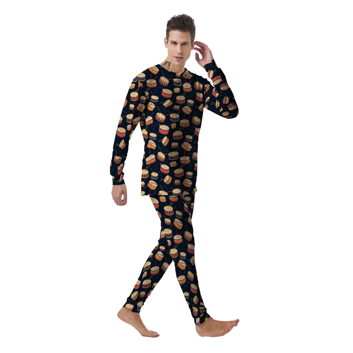 Black And Beige Drum Print Pattern Men's Pajamas-grizzshop