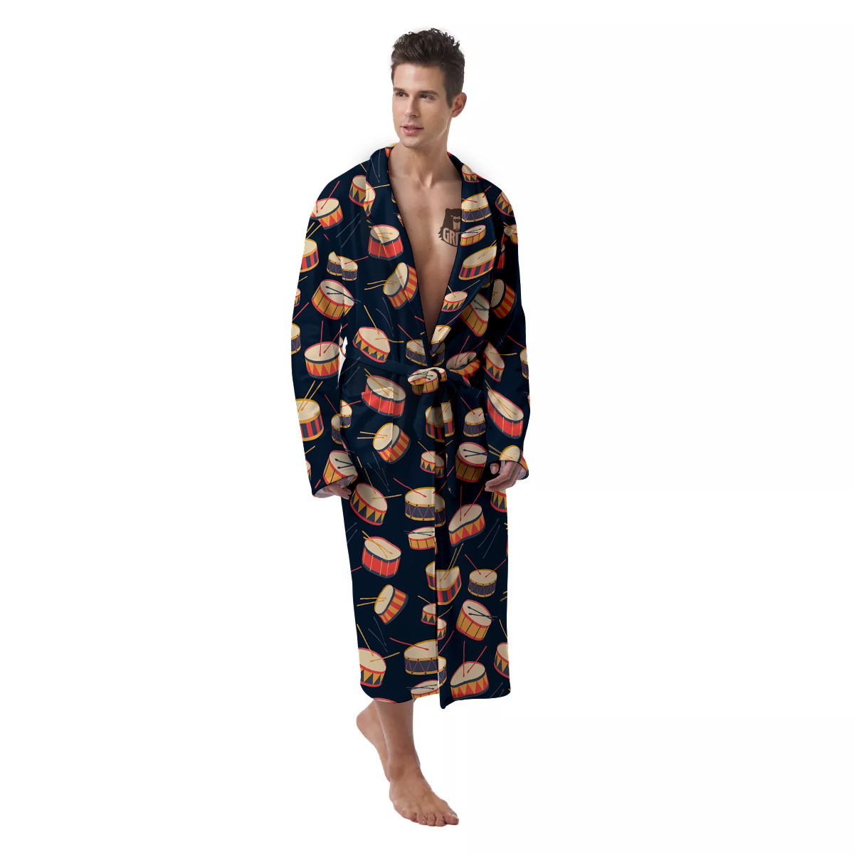 Black And Beige Drum Print Pattern Men's Robe-grizzshop
