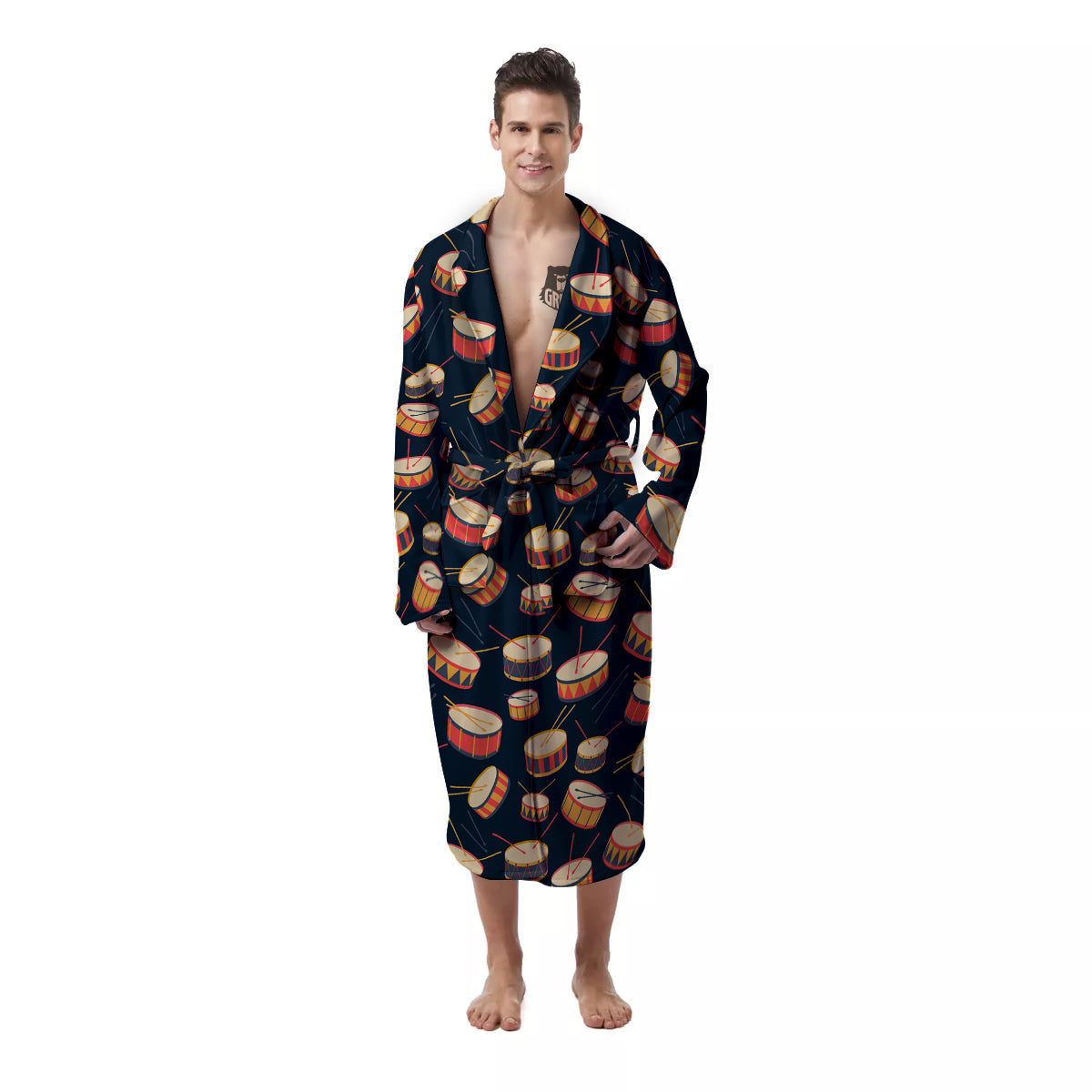 Black And Beige Drum Print Pattern Men's Robe-grizzshop