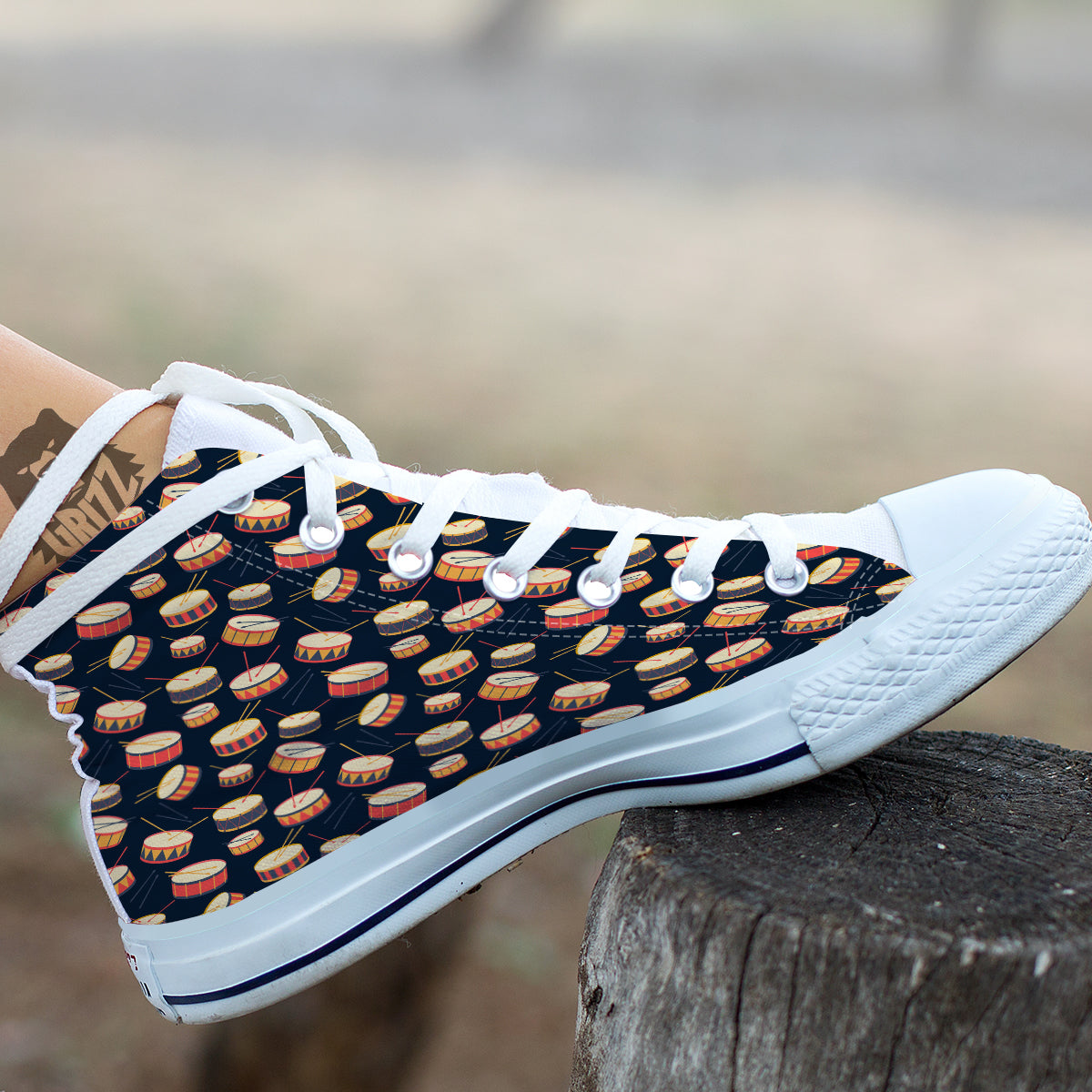 Black And Beige Drum Print Pattern White High Top Shoes-grizzshop