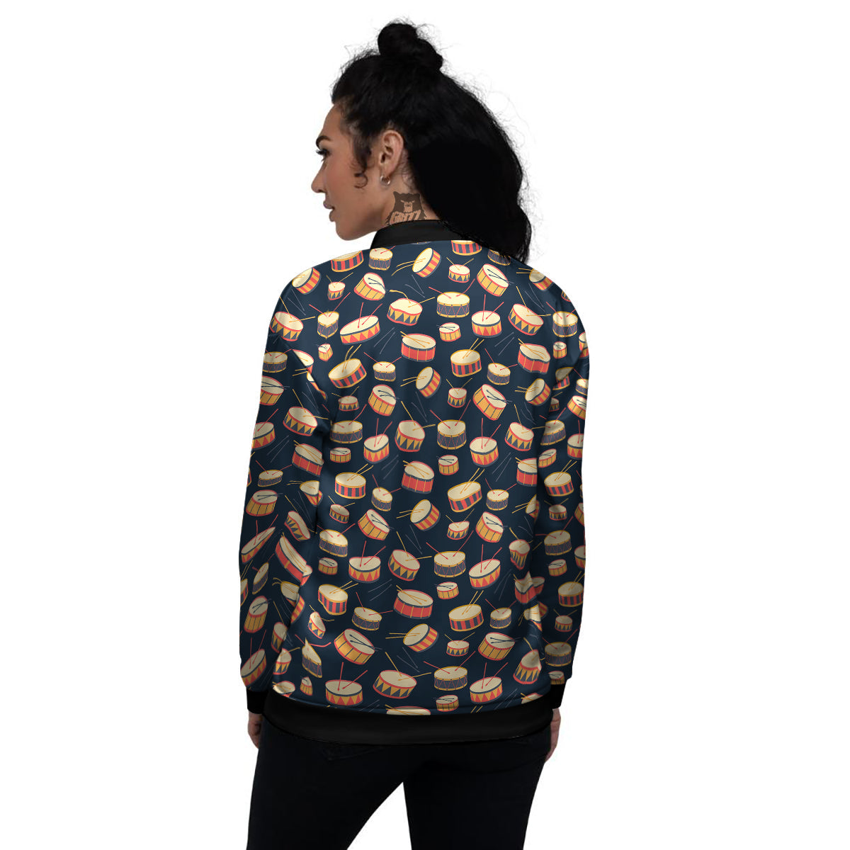 Black And Beige Drum Print Pattern Women's Bomber Jacket-grizzshop