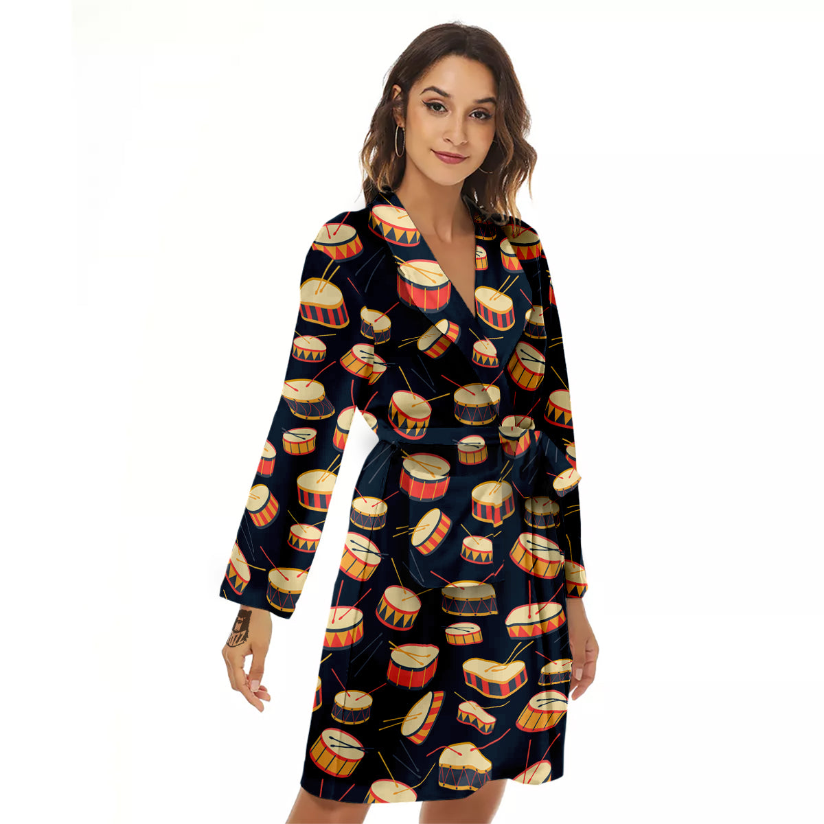Black And Beige Drum Print Pattern Women's Robe-grizzshop