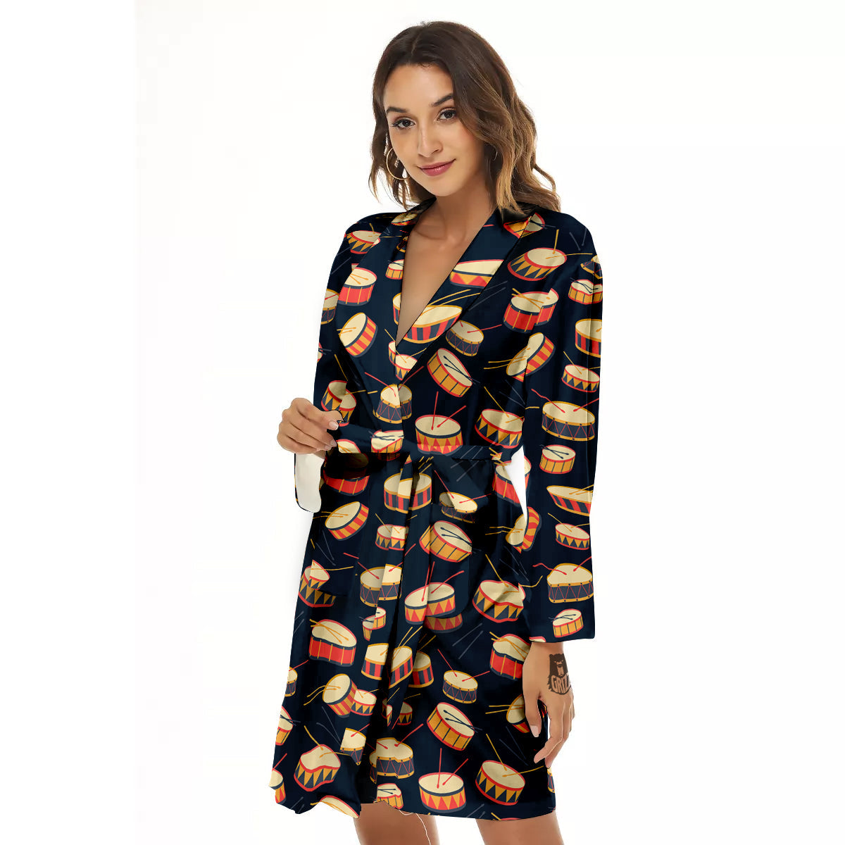Black And Beige Drum Print Pattern Women's Robe-grizzshop