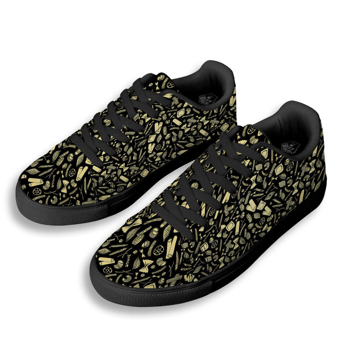 Black And Beige Macaroni Print Pattern Black Low Top Sneakers-grizzshop