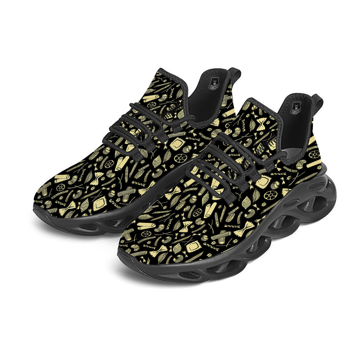 Black And Beige Macaroni Print Pattern Black Running Shoes-grizzshop