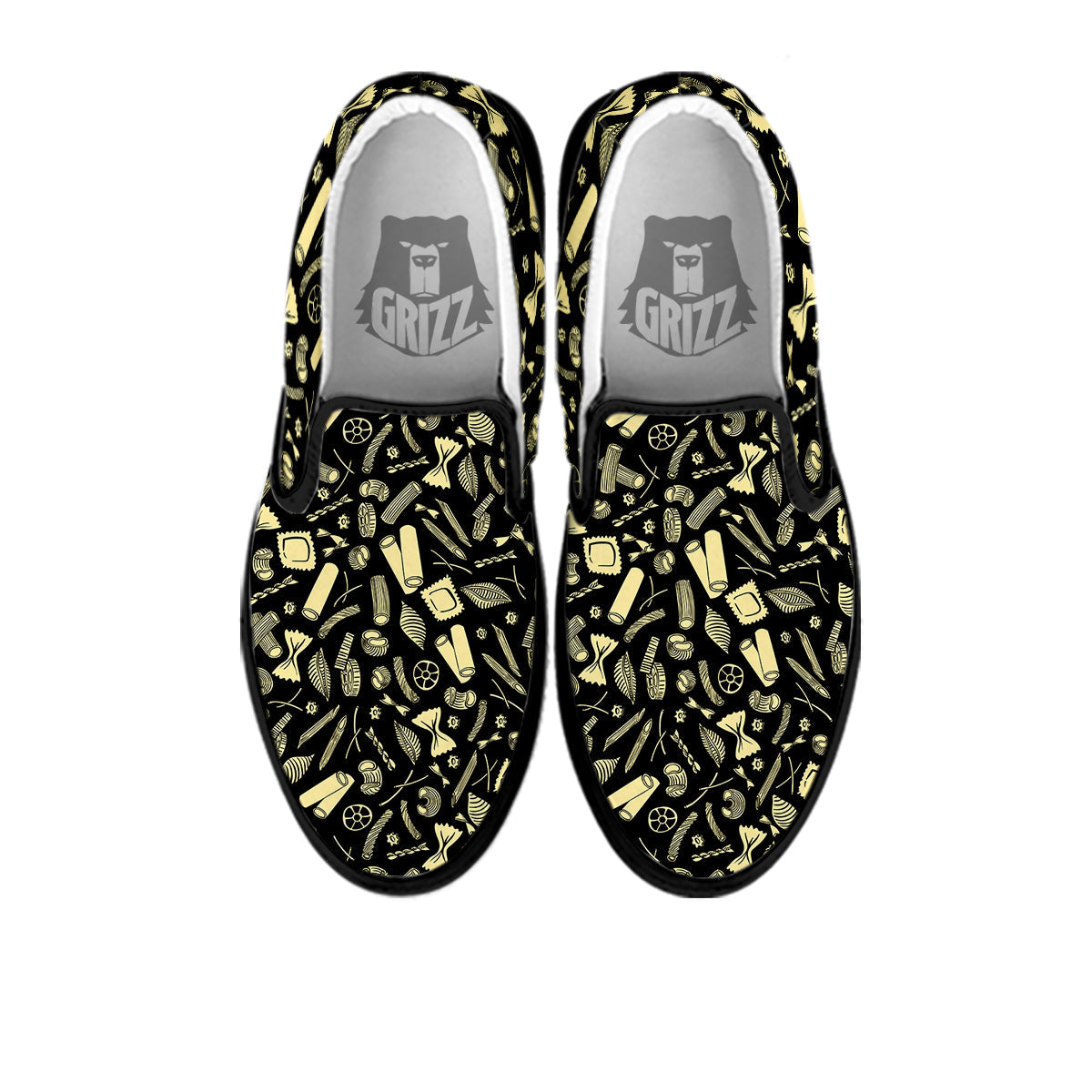 Black And Beige Macaroni Print Pattern Black Slip On Shoes-grizzshop