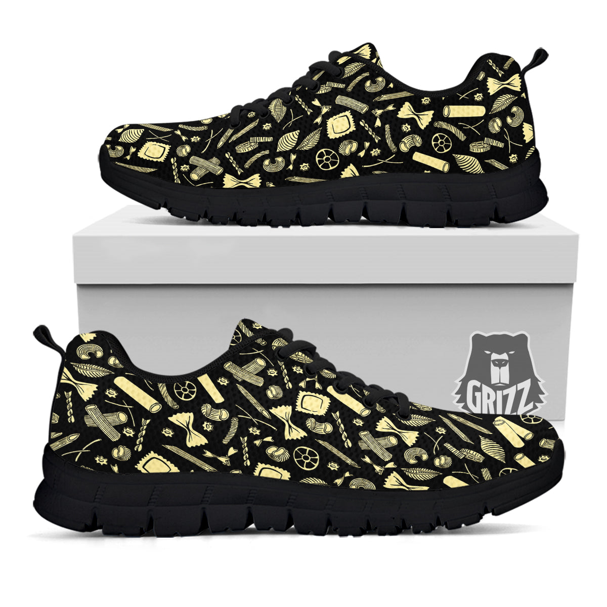 Black And Beige Macaroni Print Pattern Black Sneaker-grizzshop