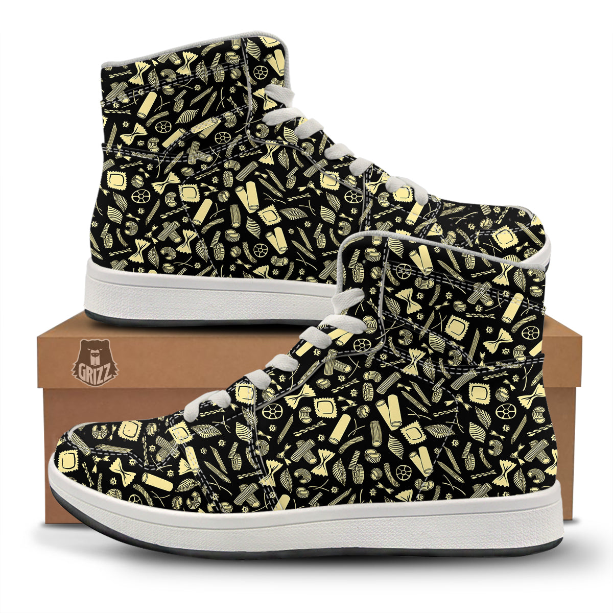 Black And Beige Macaroni Print Pattern High Top Sneakers-grizzshop