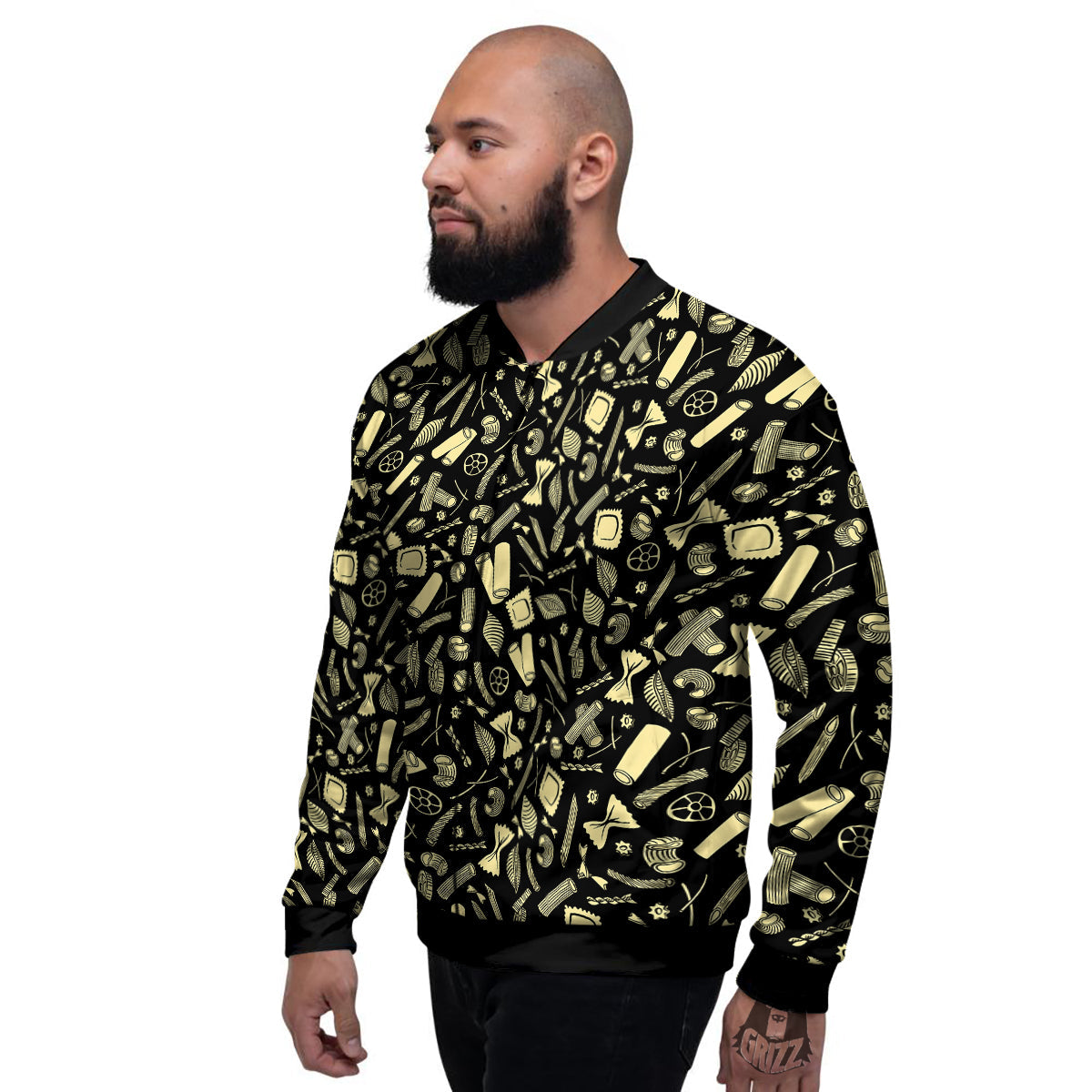 Black And Beige Macaroni Print Pattern Men's Bomber Jacket-grizzshop