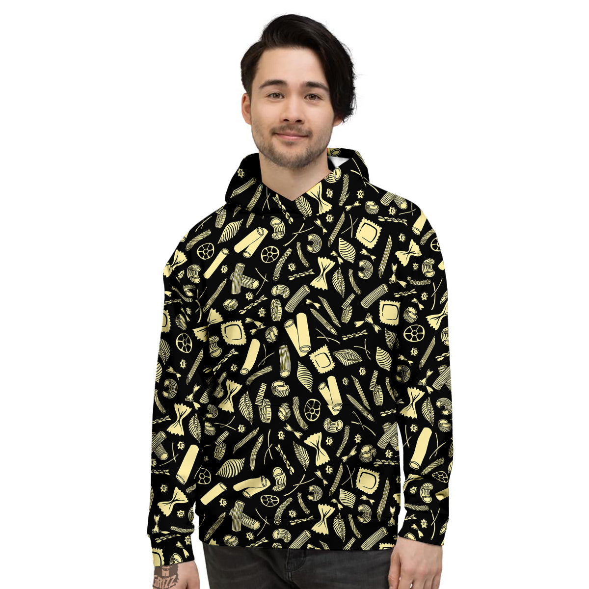 Black And Beige Macaroni Print Pattern Men's Hoodie-grizzshop