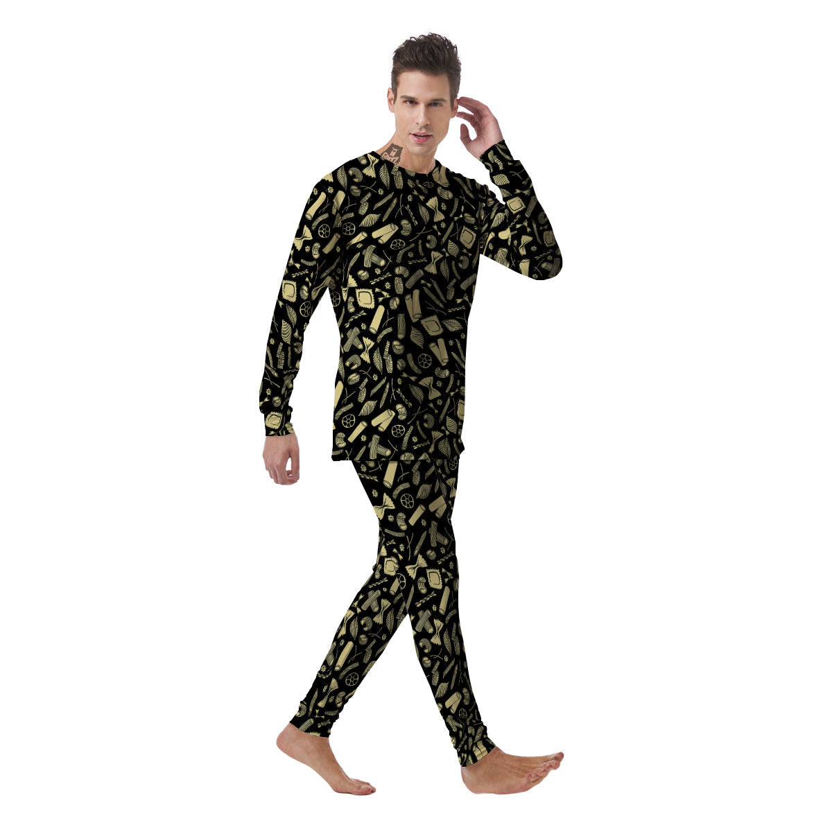 Black And Beige Macaroni Print Pattern Men's Pajamas-grizzshop